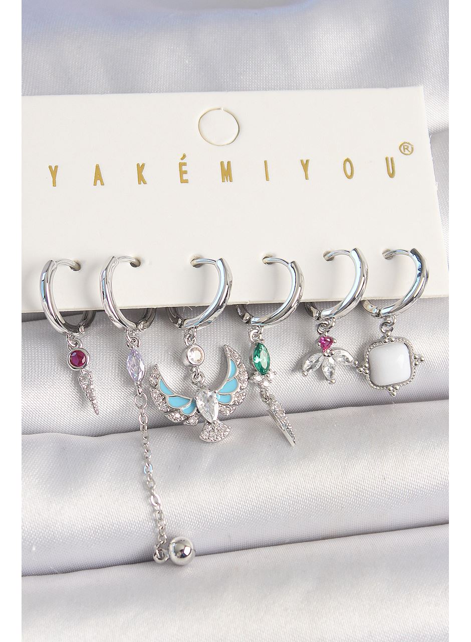 Pirinç Gümüş Renk Zirkon Taşlı Kuş Figür Çiçek Detay 6'Lı Kadın Kombin Küpe