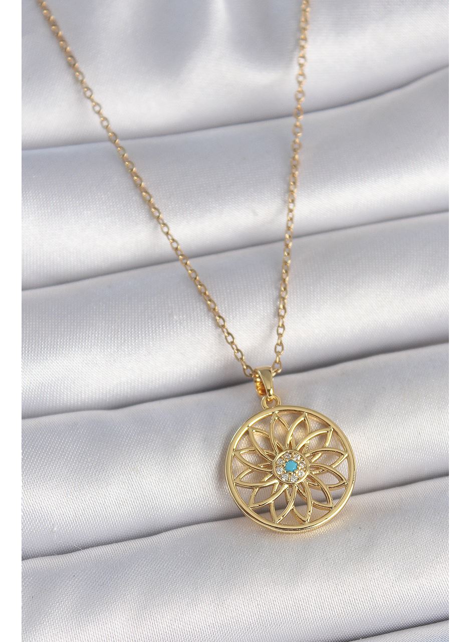 316L Çelik Gold Renk Zincr Mavi Taşlı Lotus Model Kadın Kolye