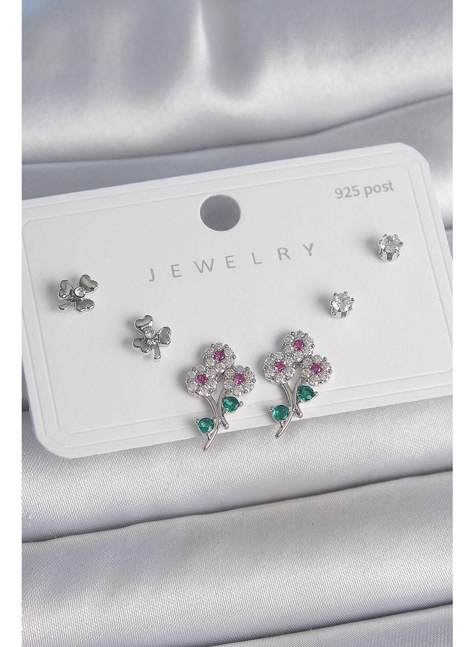 Pirinç Gümüş Renk Renkli Zirkon Taşlı Çiçek Model Yaprak Detay 925 Ayar Gümüş Çivi Kadın Küpe Seti