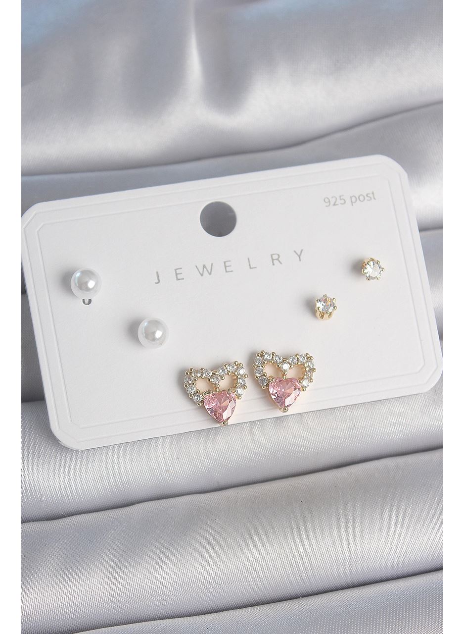 Pirinç Gold Renk Pembe Zirkon Taşlı Kalp Model İnci Detay 925 Ayar Kadın Küpe Seti