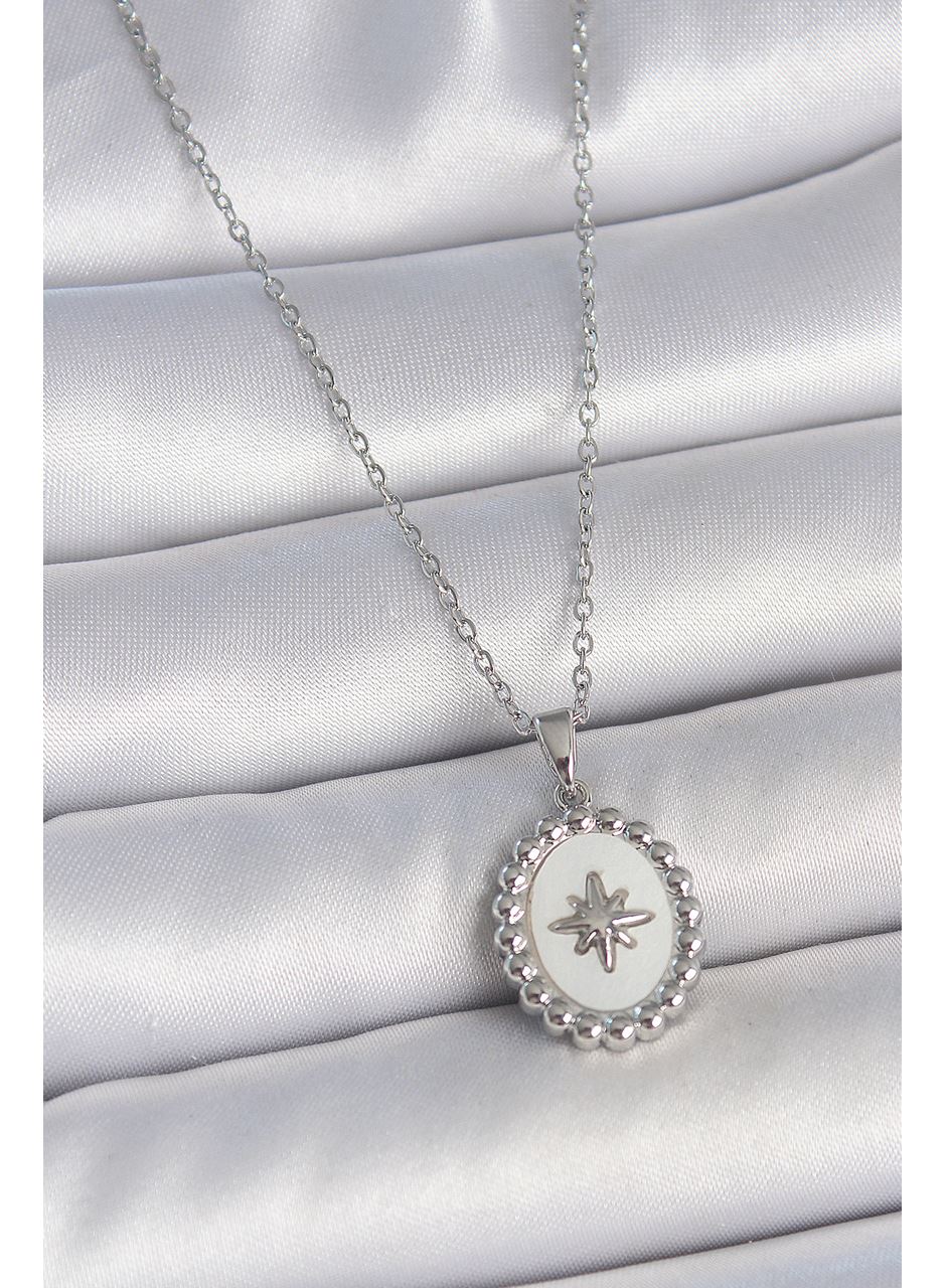 316L Çelik Gümüş Renk Zincir Beyaz Mineli Kutup Yıldız İşlemeli Madalyon Model Kadın Kolye