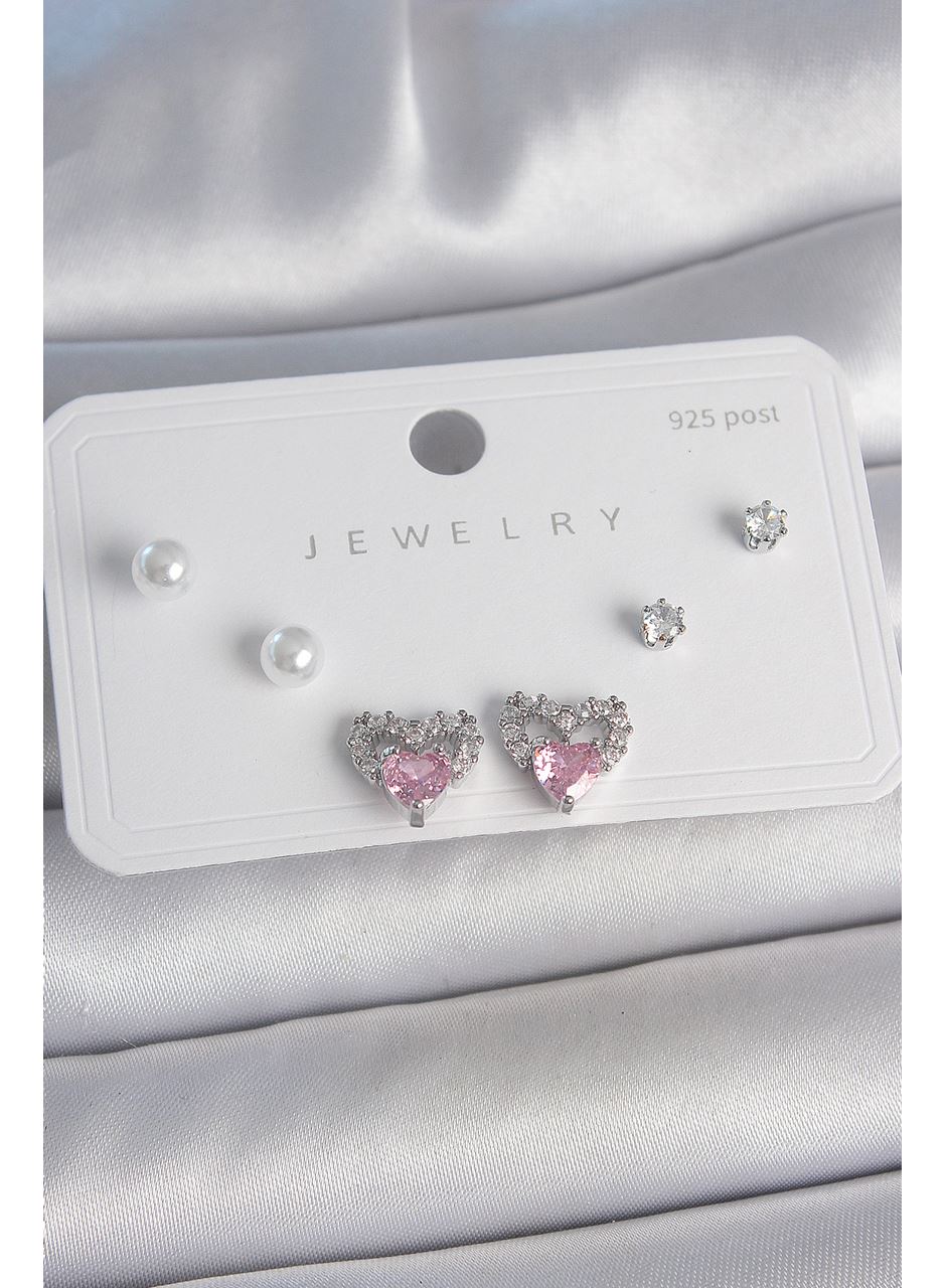 Pirinç Gümüş Renk Pembe Zirkon Taşlı Kalp Model İnci Detay 925 Ayar Gümüş Çivi Kadın Küpe Seti