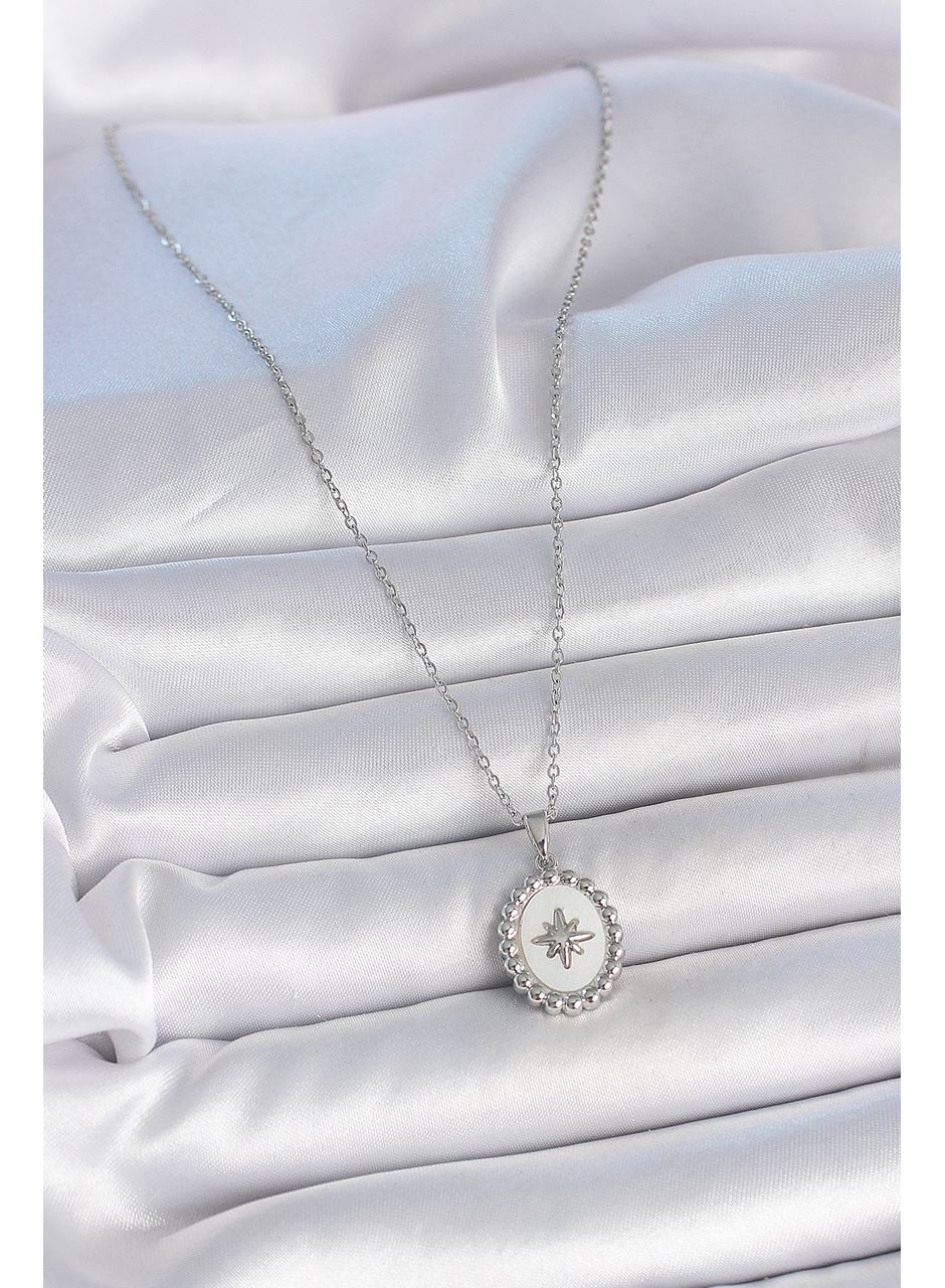 316L Çelik Gümüş Renk Zincir Beyaz Mineli Kutup Yıldız İşlemeli Madalyon Model Kadın Kolye