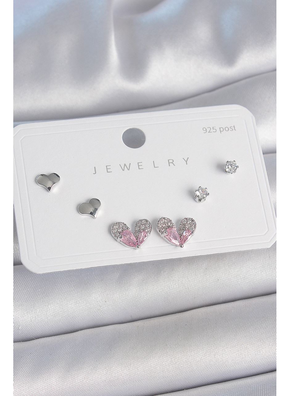Pirinç Gümüş Renk Pembe Zirkon Taşlı Kalp Model 925 Ayar Gümüş Çivi Kadın Küpe Seti
