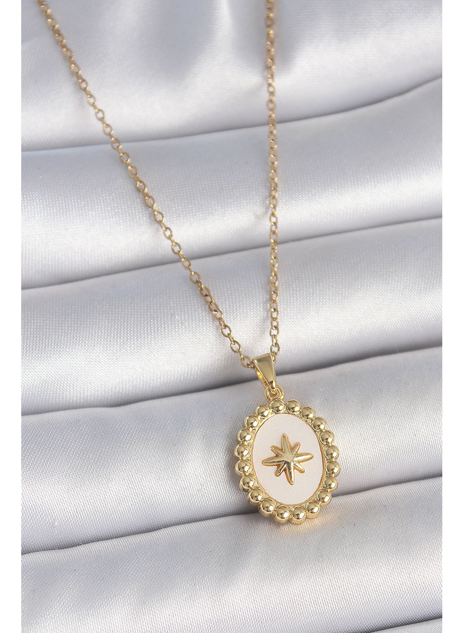 316L Çelik Gold Renk Zincir Beyaz Mineli Kutup Yıldız İşlemeli Madalyon Model Kadın Kolye