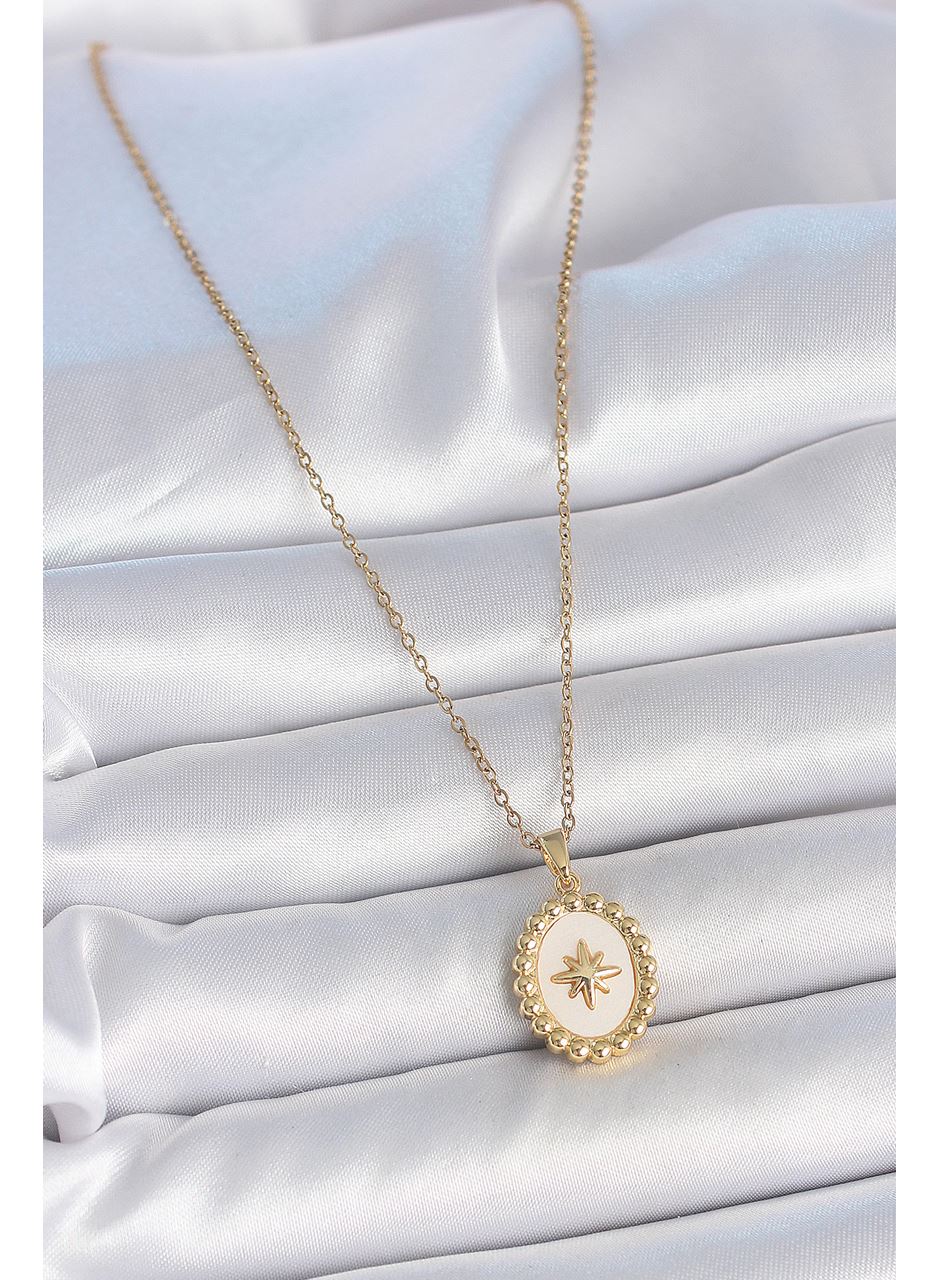 316L Çelik Gold Renk Zincir Beyaz Mineli Kutup Yıldız İşlemeli Madalyon Model Kadın Kolye