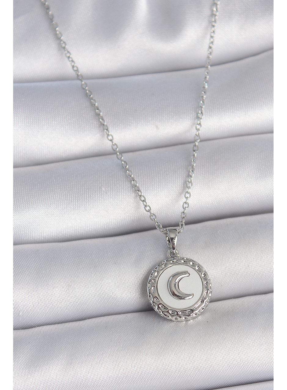 316L Çelik Gümüş Renk Zincir Beyaz Mineli Hilal İşlemeli Madalyon Model Kadın Kolye