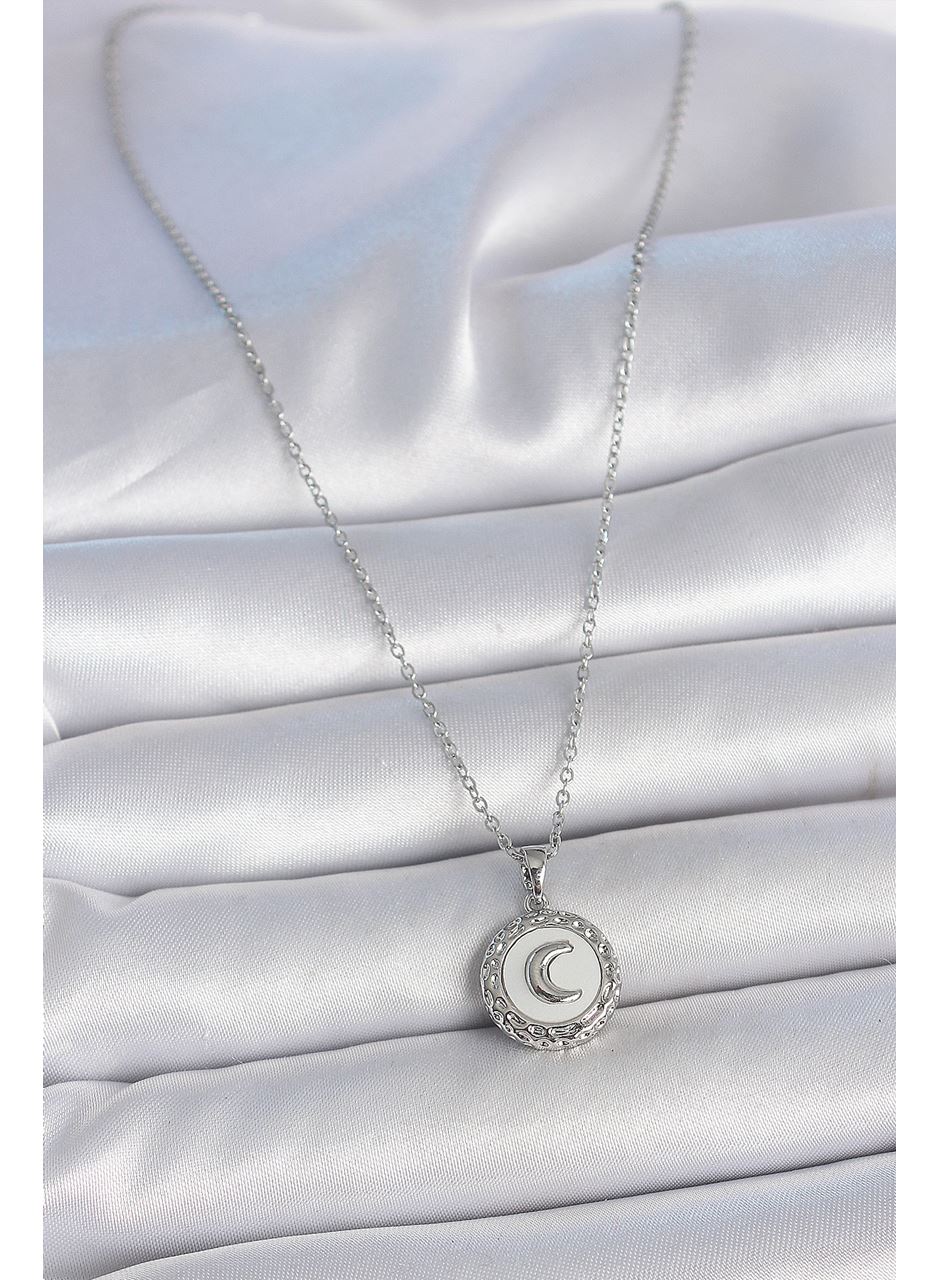 316L Çelik Gümüş Renk Zincir Beyaz Mineli Hilal İşlemeli Madalyon Model Kadın Kolye