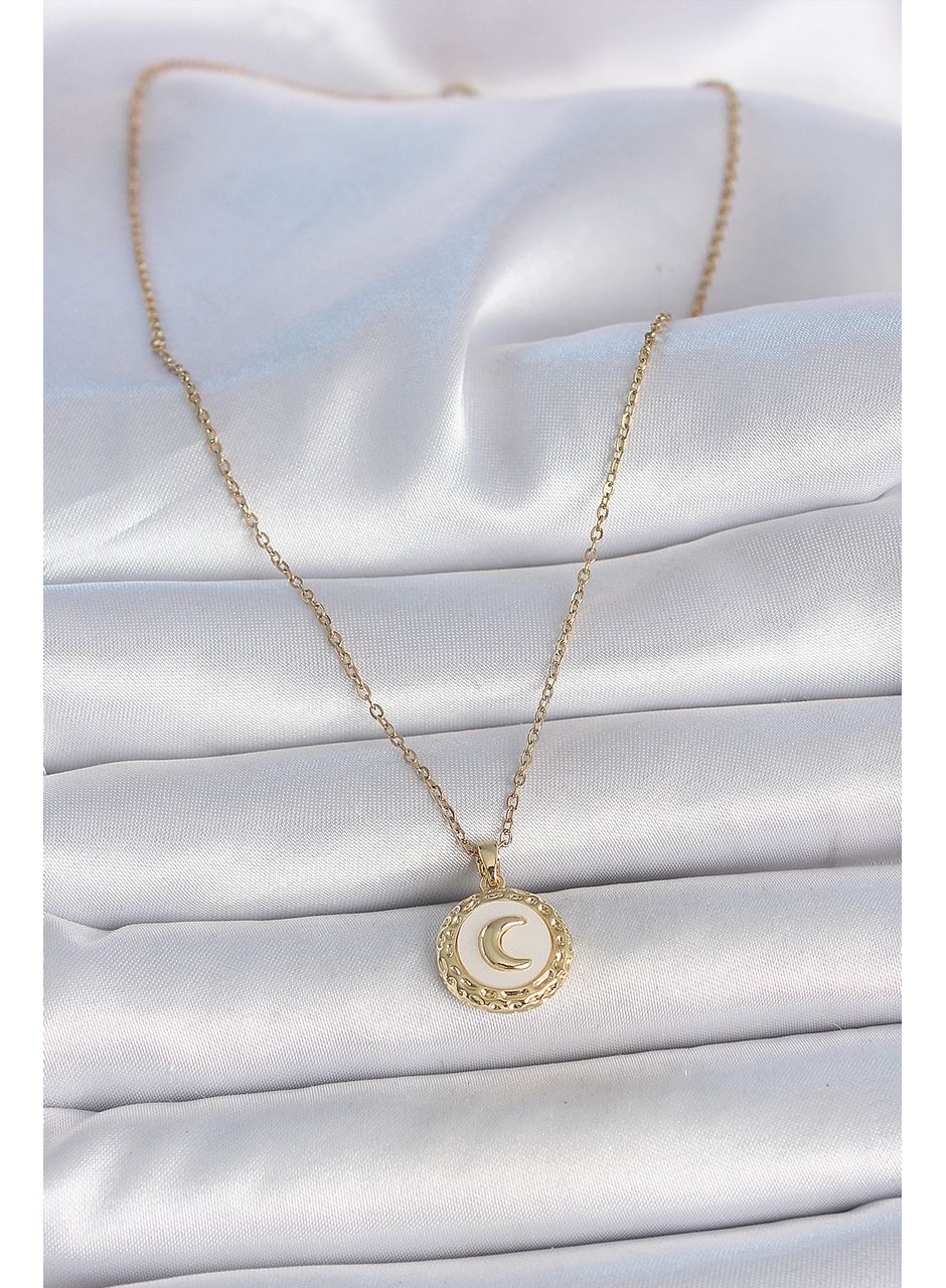 316L Çelik Gold Renk Zincir Beyaz Mineli Hilal İşlemeli Madalyon Model Kadın Kolye