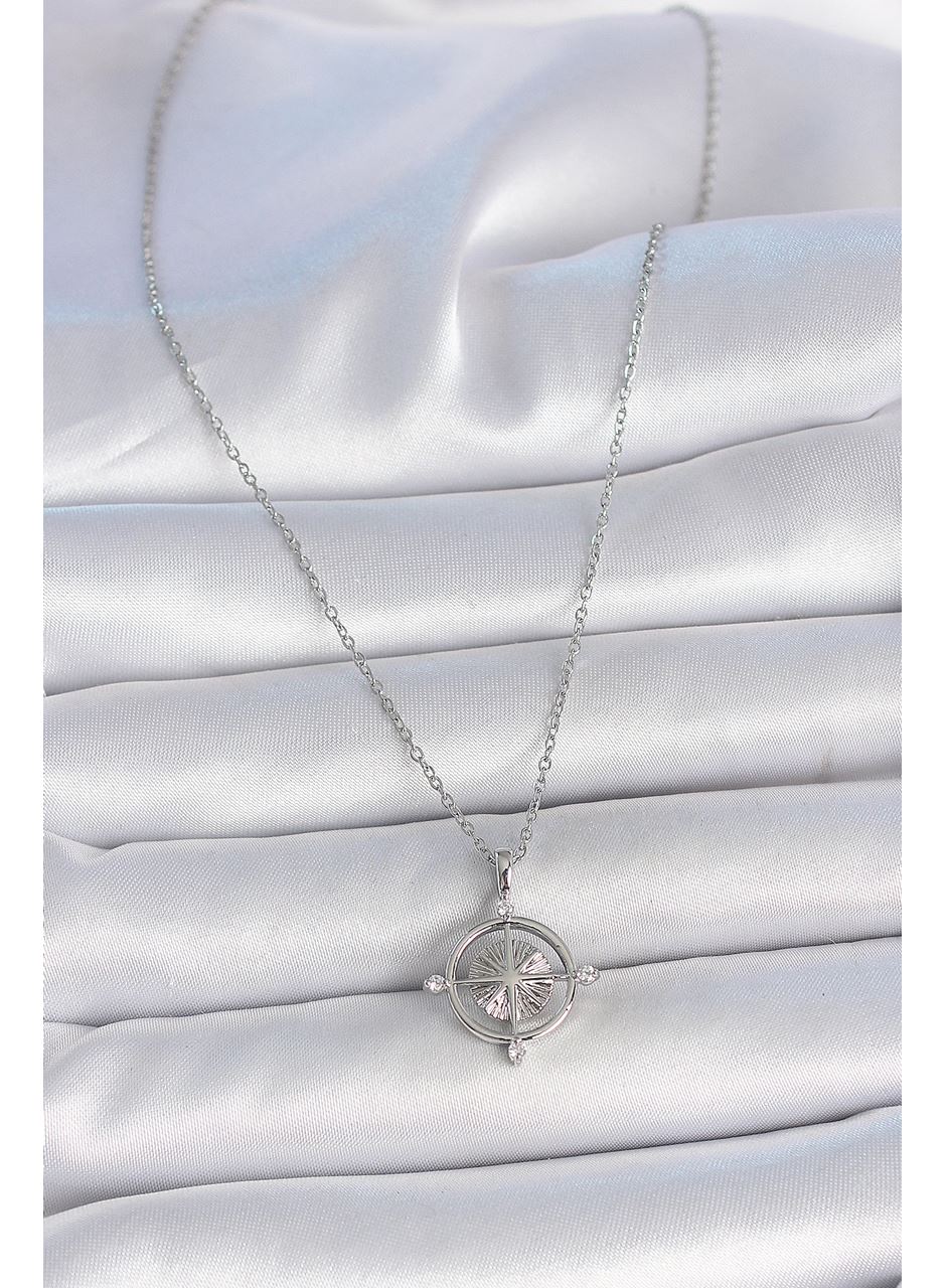 316L Çelik Gümüş Renk Zincir Zirkon Taşlı Pusula Model Kadın Kolye