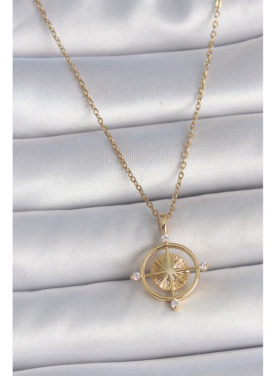 316L Çelik Gold Renk Zincir Zirkon Taşlı Pusula Model Kadın Kolye