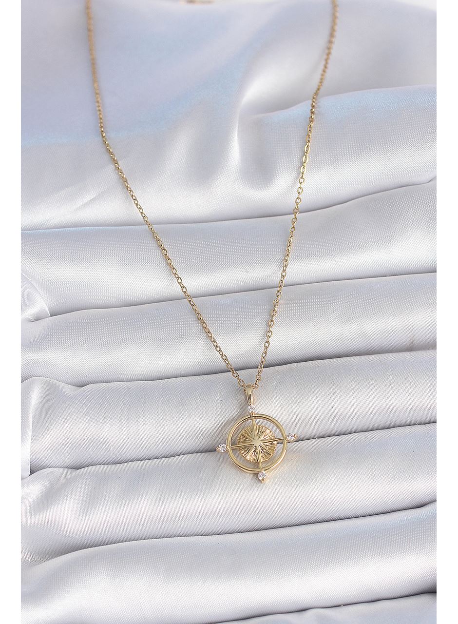 316L Çelik Gold Renk Zincir Zirkon Taşlı Pusula Model Kadın Kolye