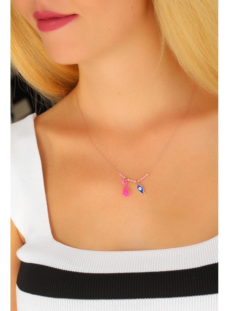 Nazar Boncuklu Pembe Renk Taşlı Rose Bayan Kolye