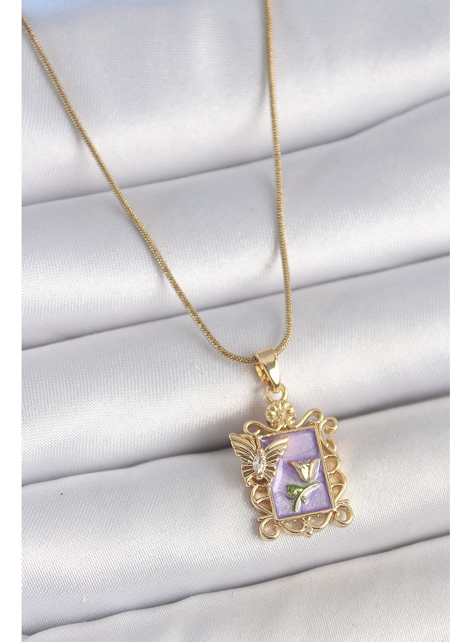 316L Çelik Gold Renk Zincir Mor Mineli Çiçek İşlemeli Zirkon Taşlı Kelebek Detay Portre Model Kadın Kolye