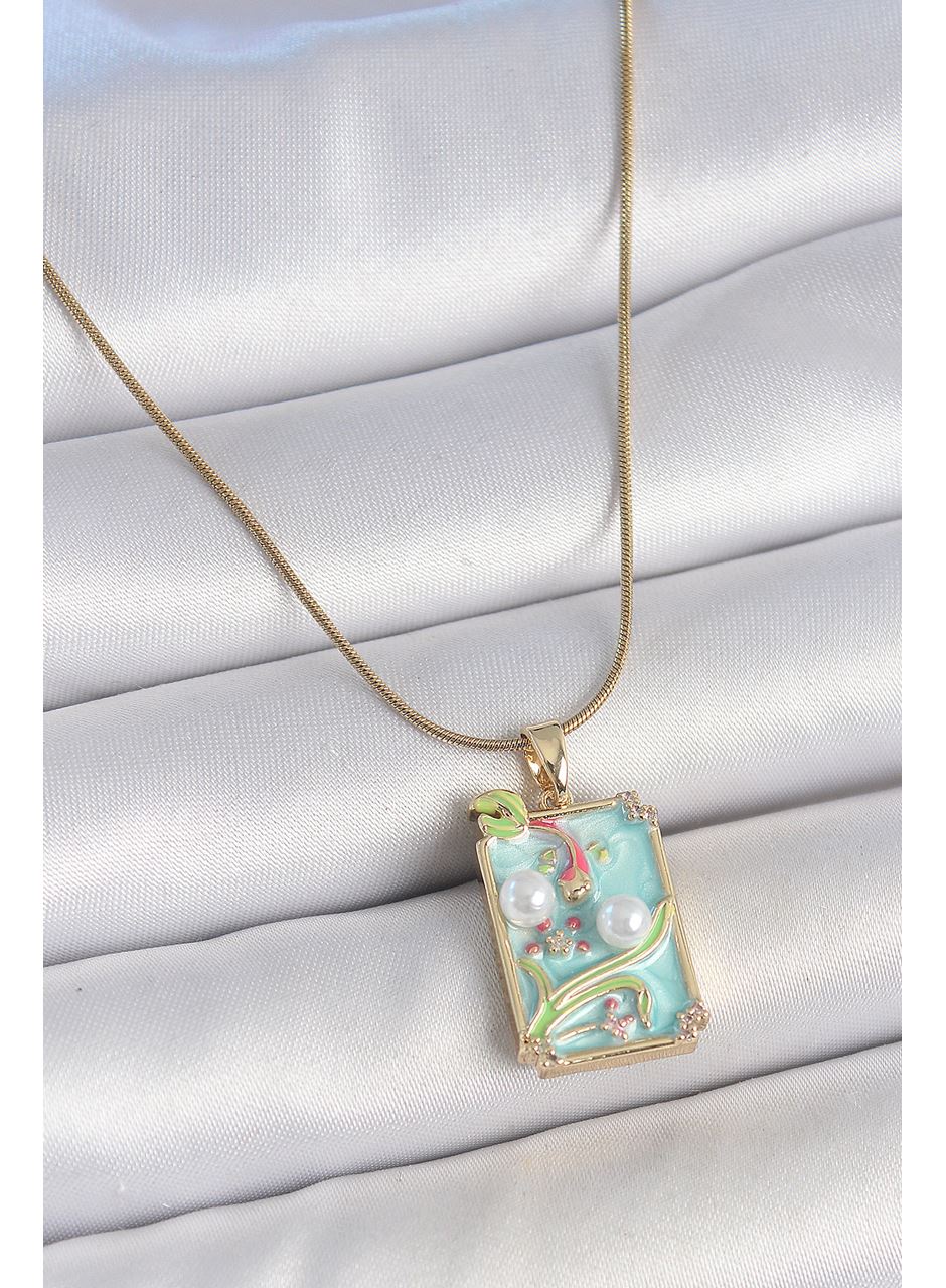 316L Çelik Gold Renk Zincir Mavi Mineli İncili Çiçek İşlemeli Portre Model Kadın Kolye