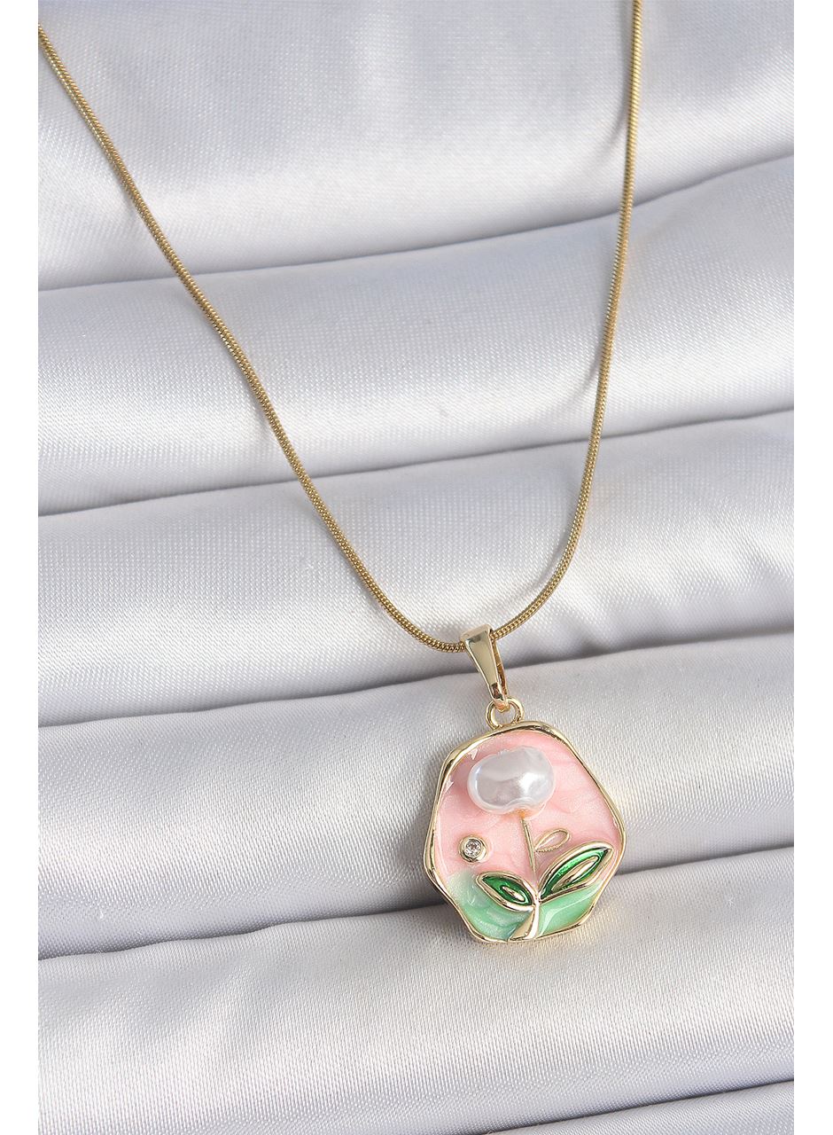 316L Çelik Gold Renk Zincir Pembe Çiçek İşlemeli İnci Detay Portre Model Kadın Kolye