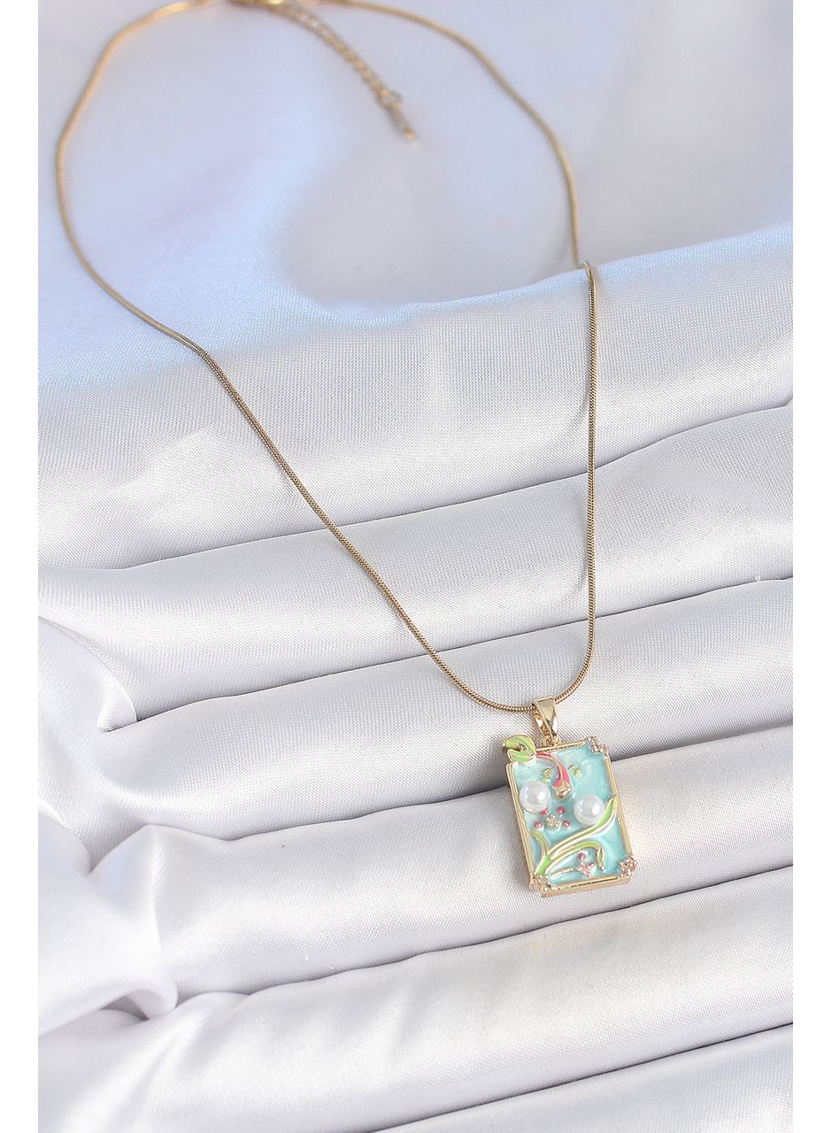 316L Çelik Gold Renk Zincir Mavi Mineli İncili Çiçek İşlemeli Portre Model Kadın Kolye