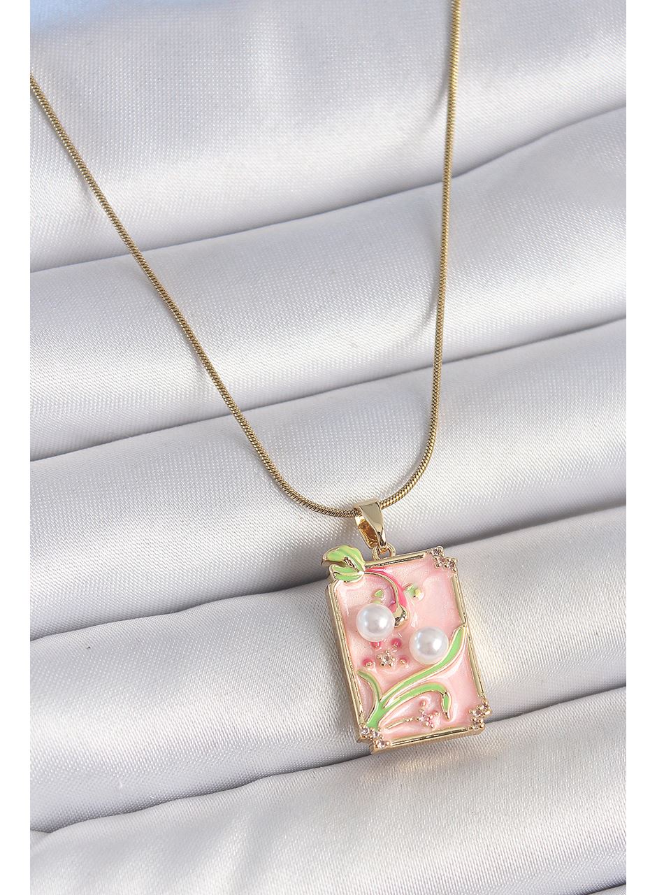 316L Çelik Gold Renk Zincir Pembe Mineli İncli Çiçek İşlemeli Portre Model Kadın Kolye