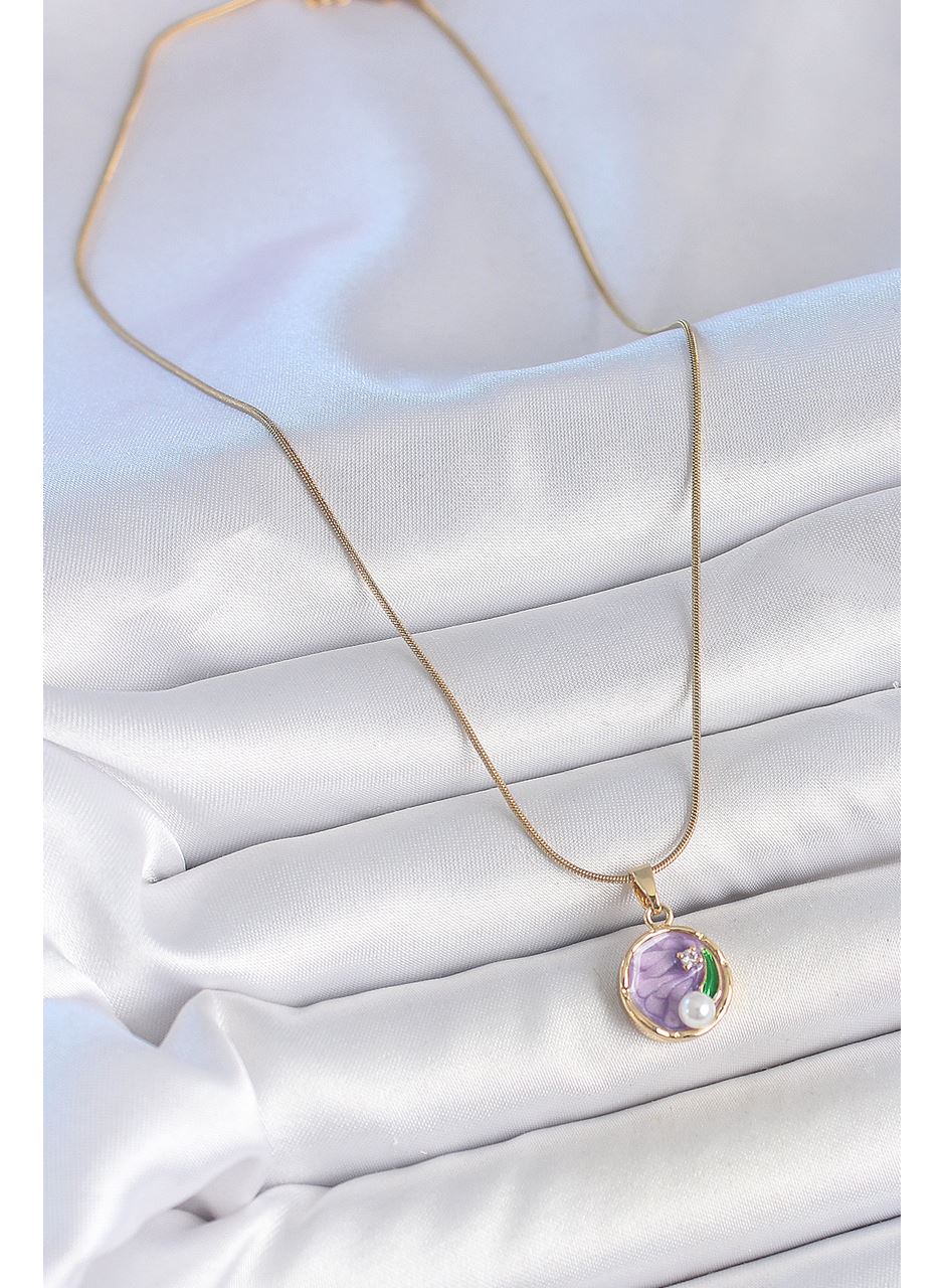 316L Çelik Gold Renk Zincir Mor Çiçek İşlemeli Zirkon Taş İnci Detaylı Minimal Portre Model Kadın Kolye