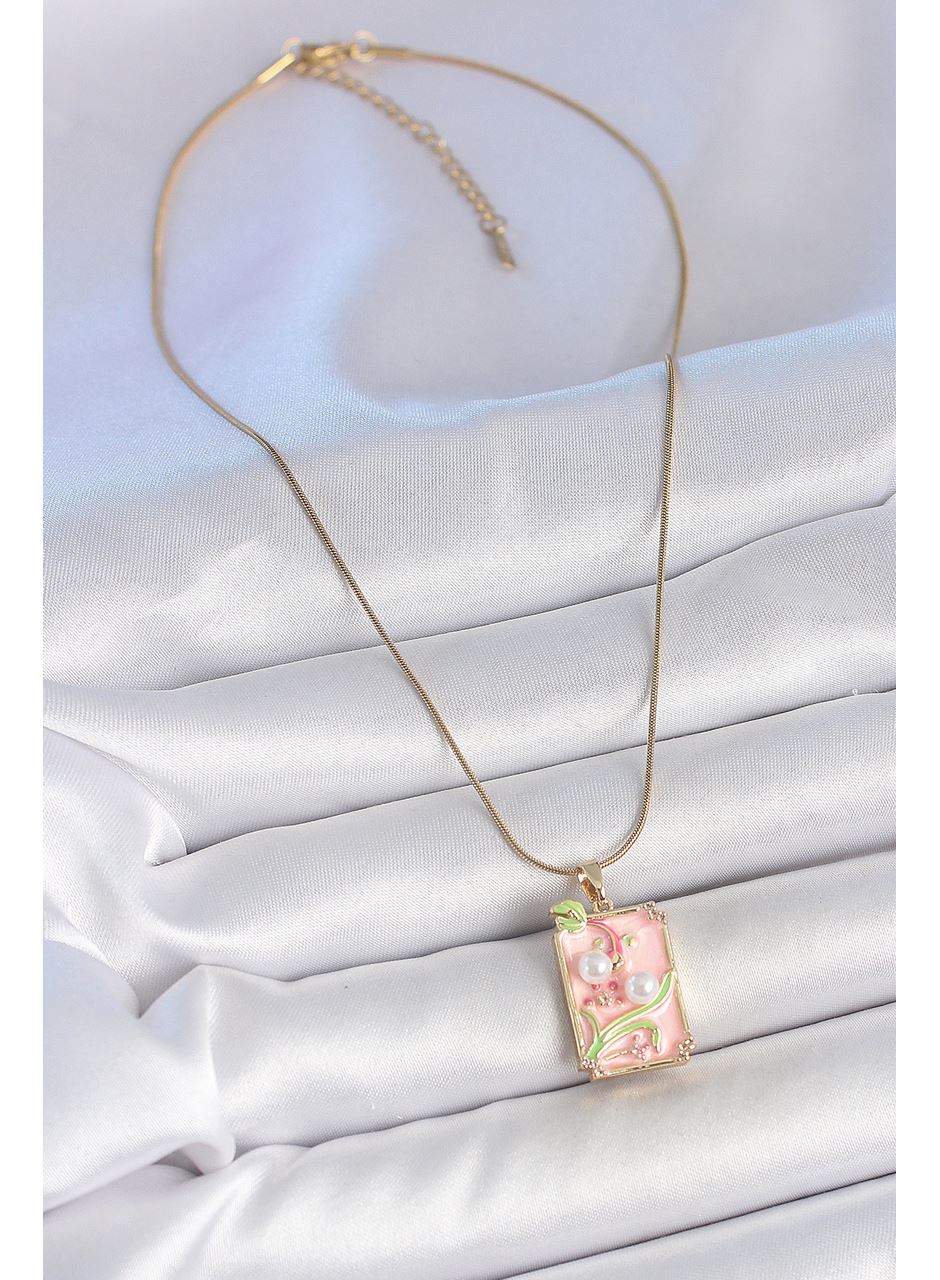 316L Çelik Gold Renk Zincir Pembe Mineli İncli Çiçek İşlemeli Portre Model Kadın Kolye