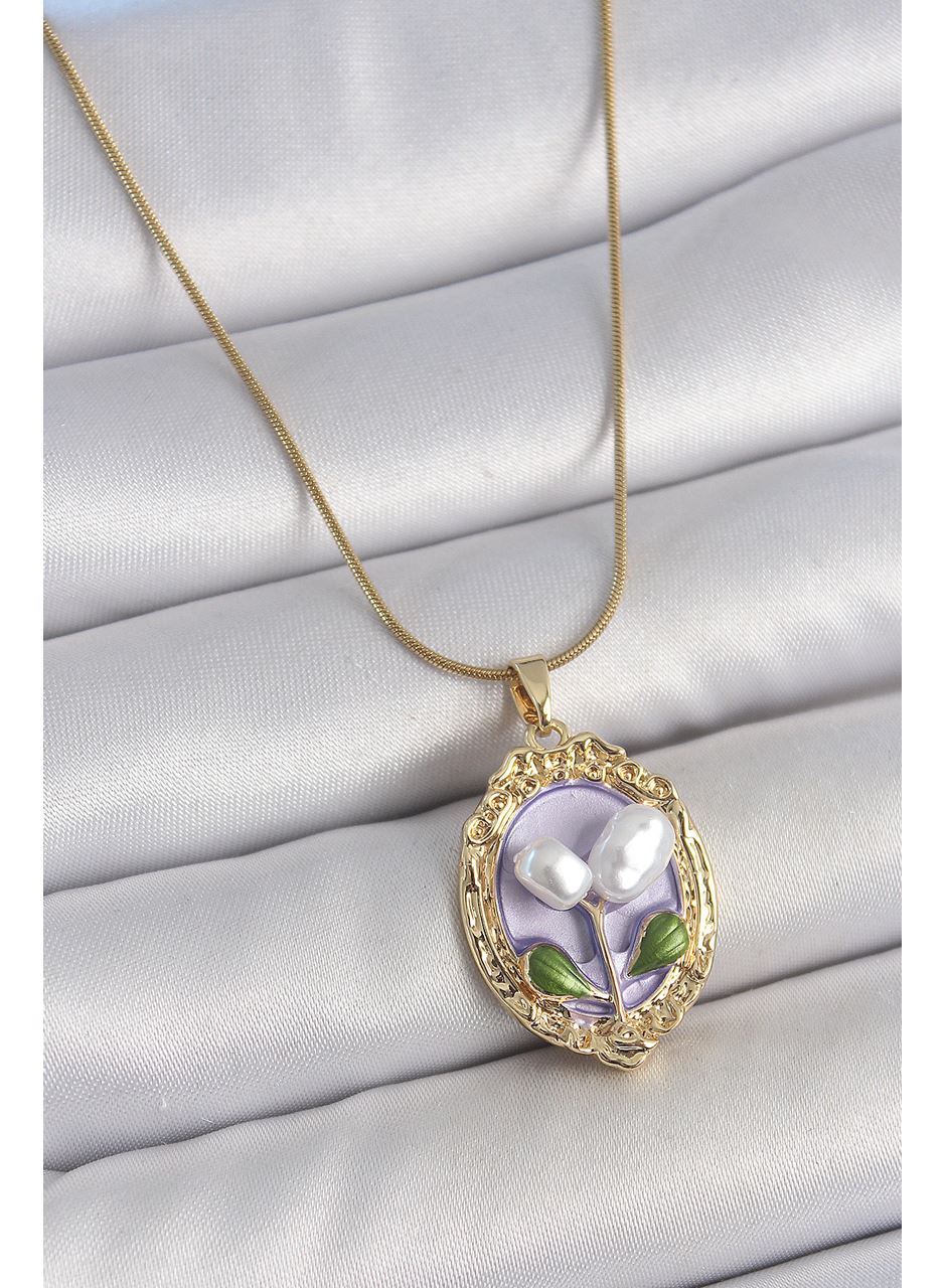316L Çelik Gold Renk Mor İncili Çiçek İşlemeli Portre Model Kadın Kolye