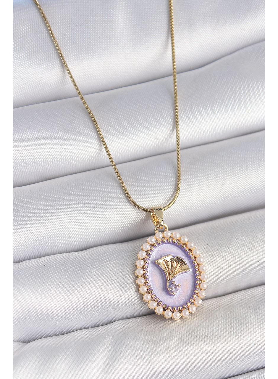 316L Çelik Gold Renk Zincir Mor Mineli İncili Zirkon Taşlı Çiçek İşlemeli Portre Model Kadın Kolye