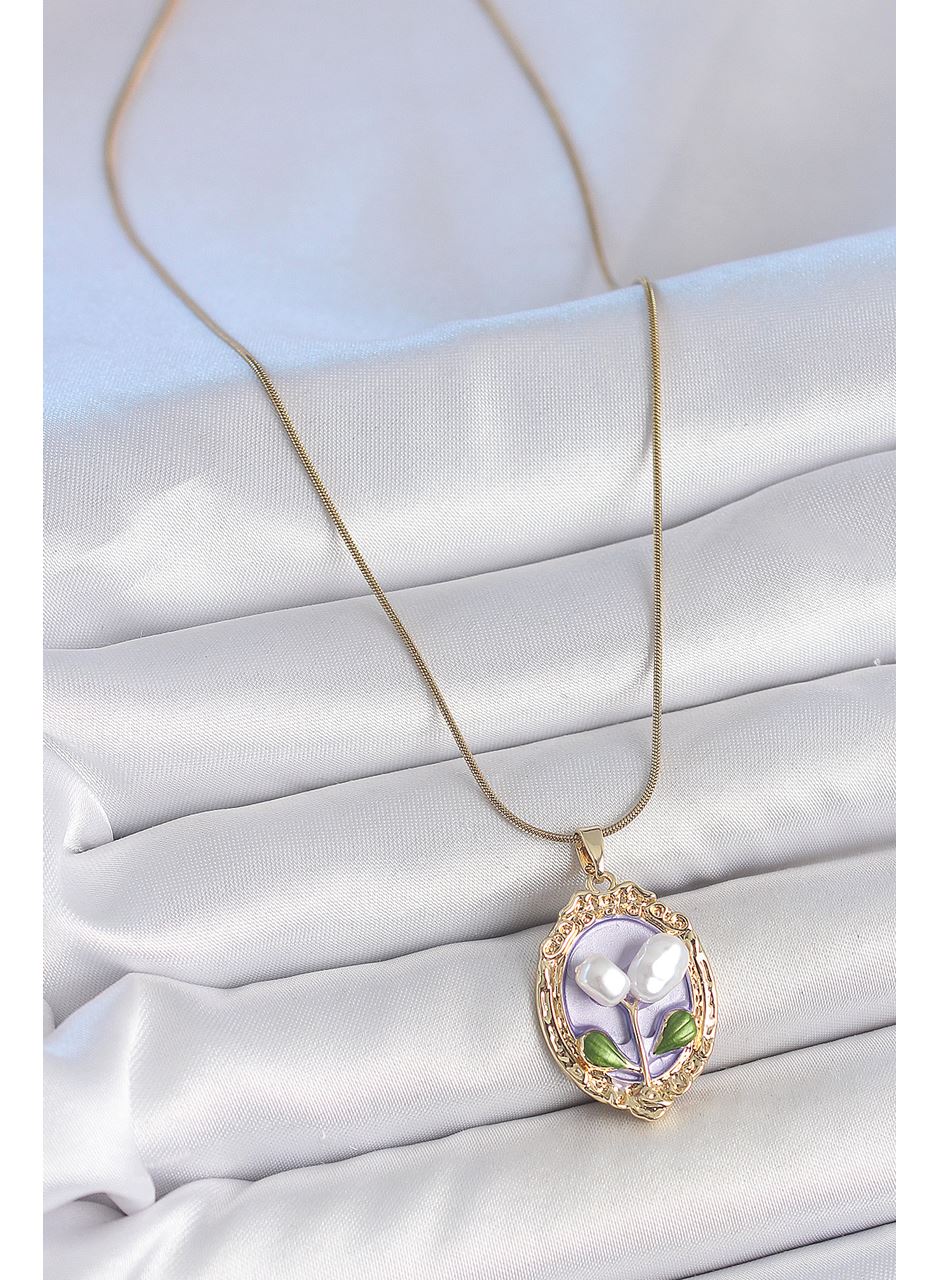 316L Çelik Gold Renk Mor İncili Çiçek İşlemeli Portre Model Kadın Kolye