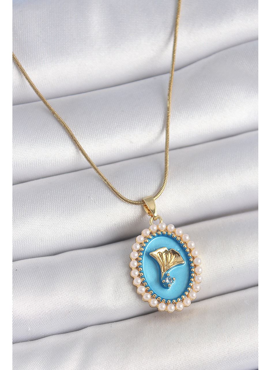 316L Çelik Gold Renk Zincir Mavi Mineli İncili Zirkon Taşlı Çiçek İşlemeli Portre Model Kadın Kolye