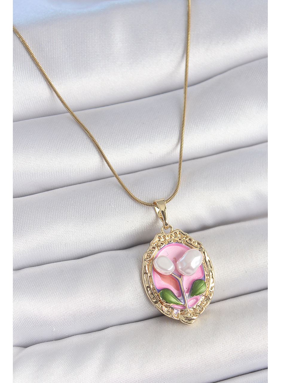 316L Çelik Gold Renk Zincir Pembe Mineli İncili Çiçek İşlemeli Portre Model Kadın Kolye