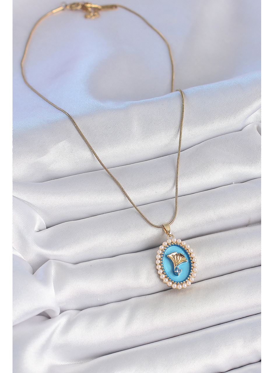316L Çelik Gold Renk Zincir Mavi Mineli İncili Zirkon Taşlı Çiçek İşlemeli Portre Model Kadın Kolye