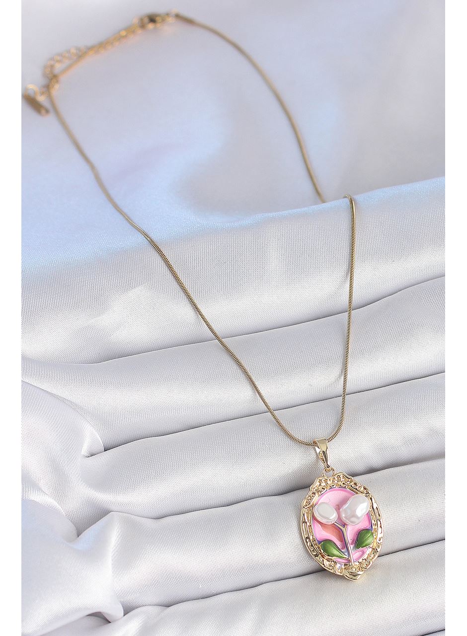 316L Çelik Gold Renk Zincir Pembe Mineli İncili Çiçek İşlemeli Portre Model Kadın Kolye