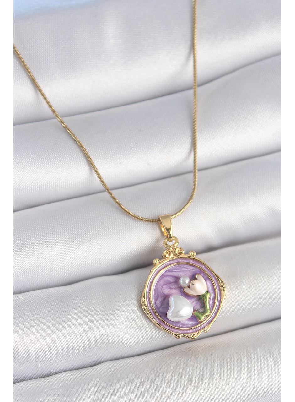 316L Çelik Gold Renk Zincir Mor Mineli İncili Çiçek İşlemeli Portre Model Kadın Kolye
