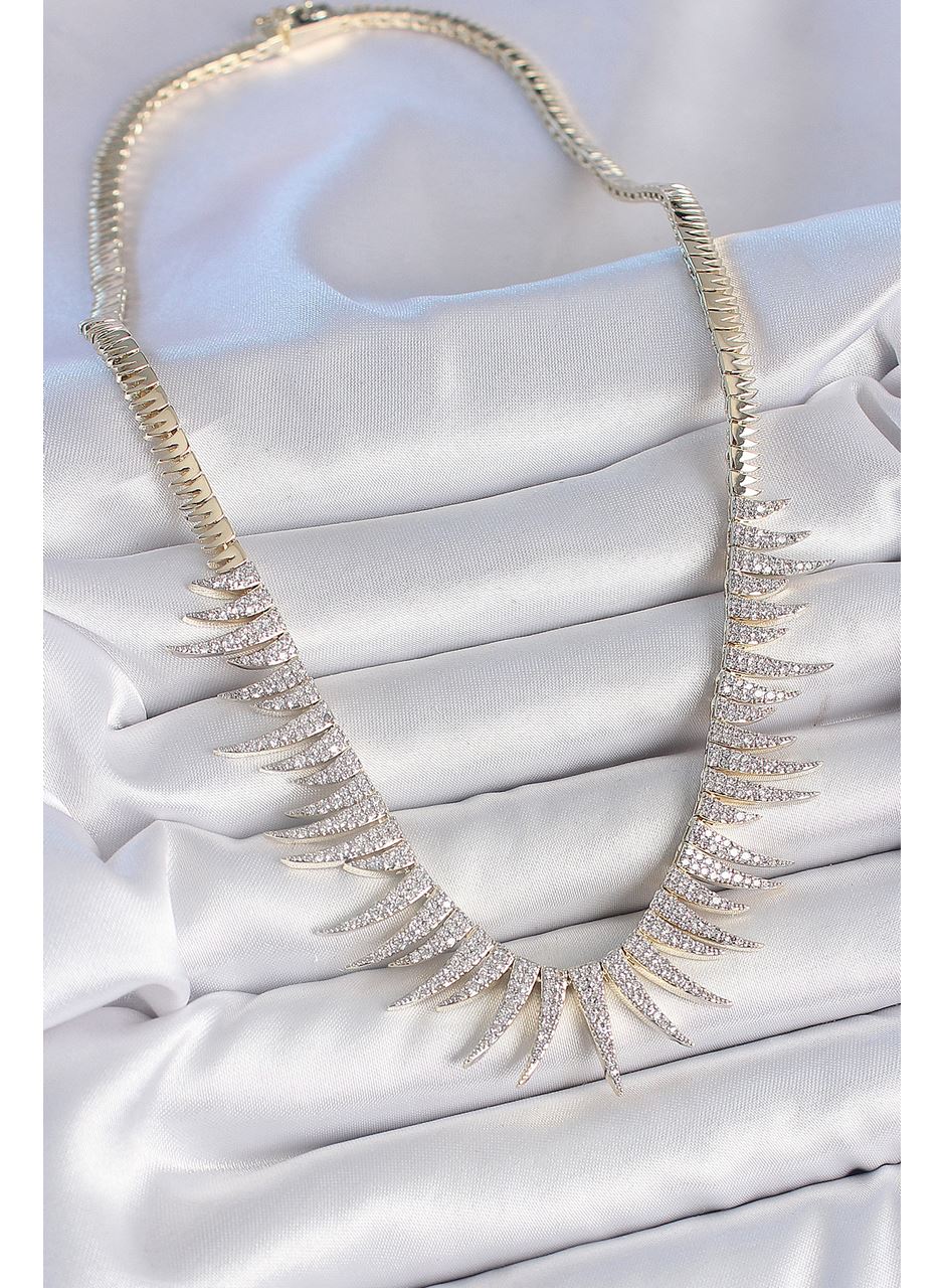 Pirinç Gold Renk Zirkon Taşlı Sivri Model VIP Seri Kadın Kolye