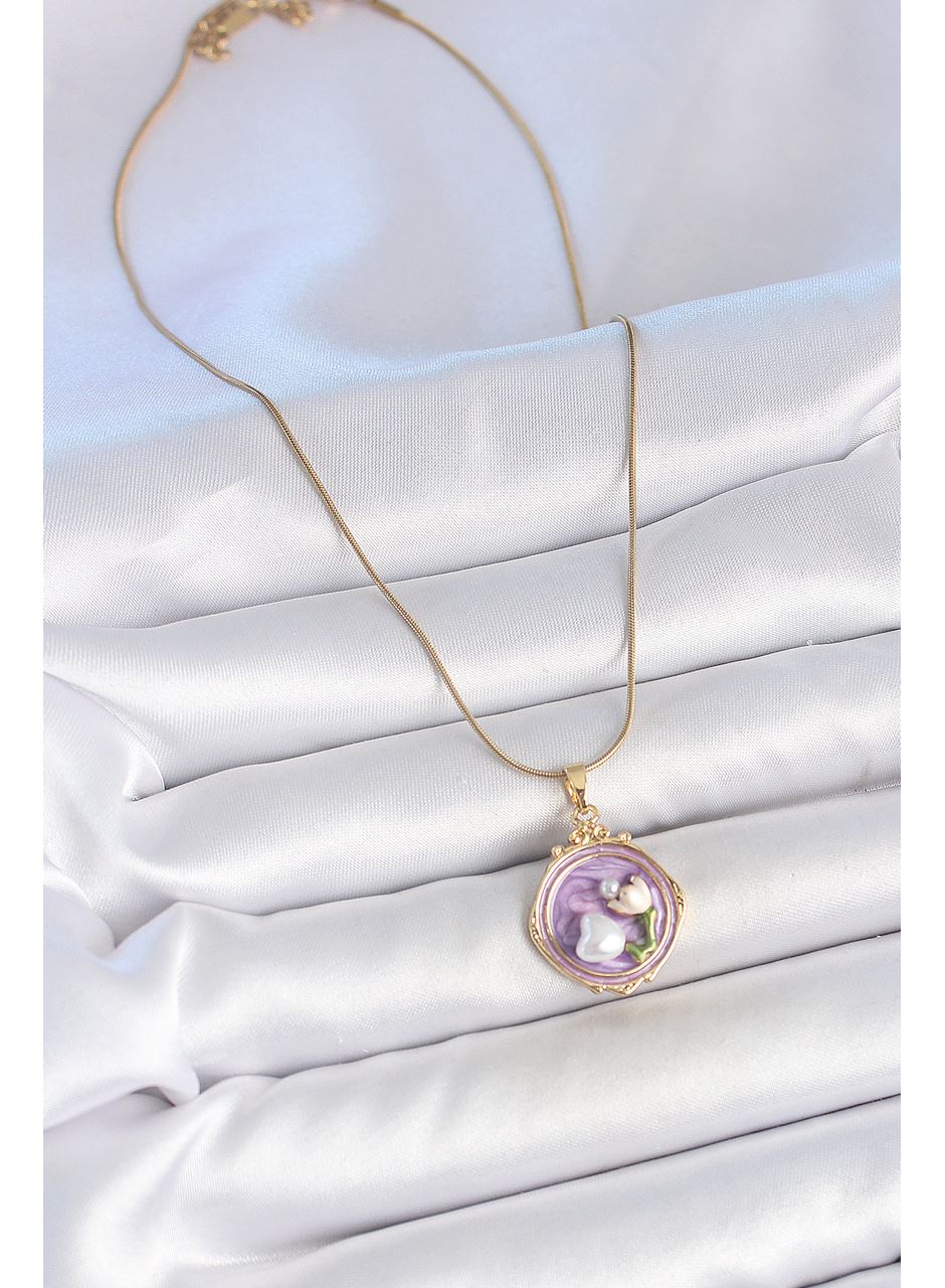 316L Çelik Gold Renk Zincir Mor Mineli İncili Çiçek İşlemeli Portre Model Kadın Kolye