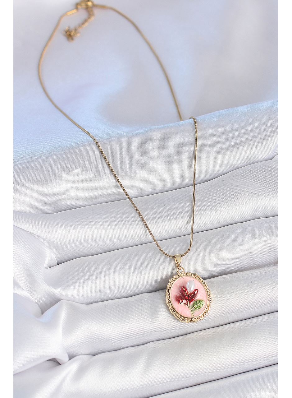 316L Çelik Gold Renk Zincir Pembe Mineli İncili Çiçek İşlemeli Portre Model Kadın Kolye