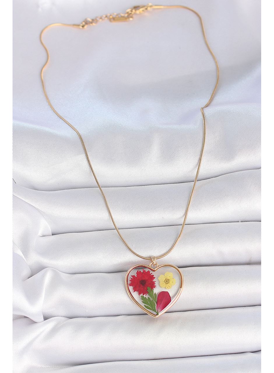 316L Çelik Gold Renk Zincir Epokis Kalp Doğal Çiçek Model Kadın Kolye