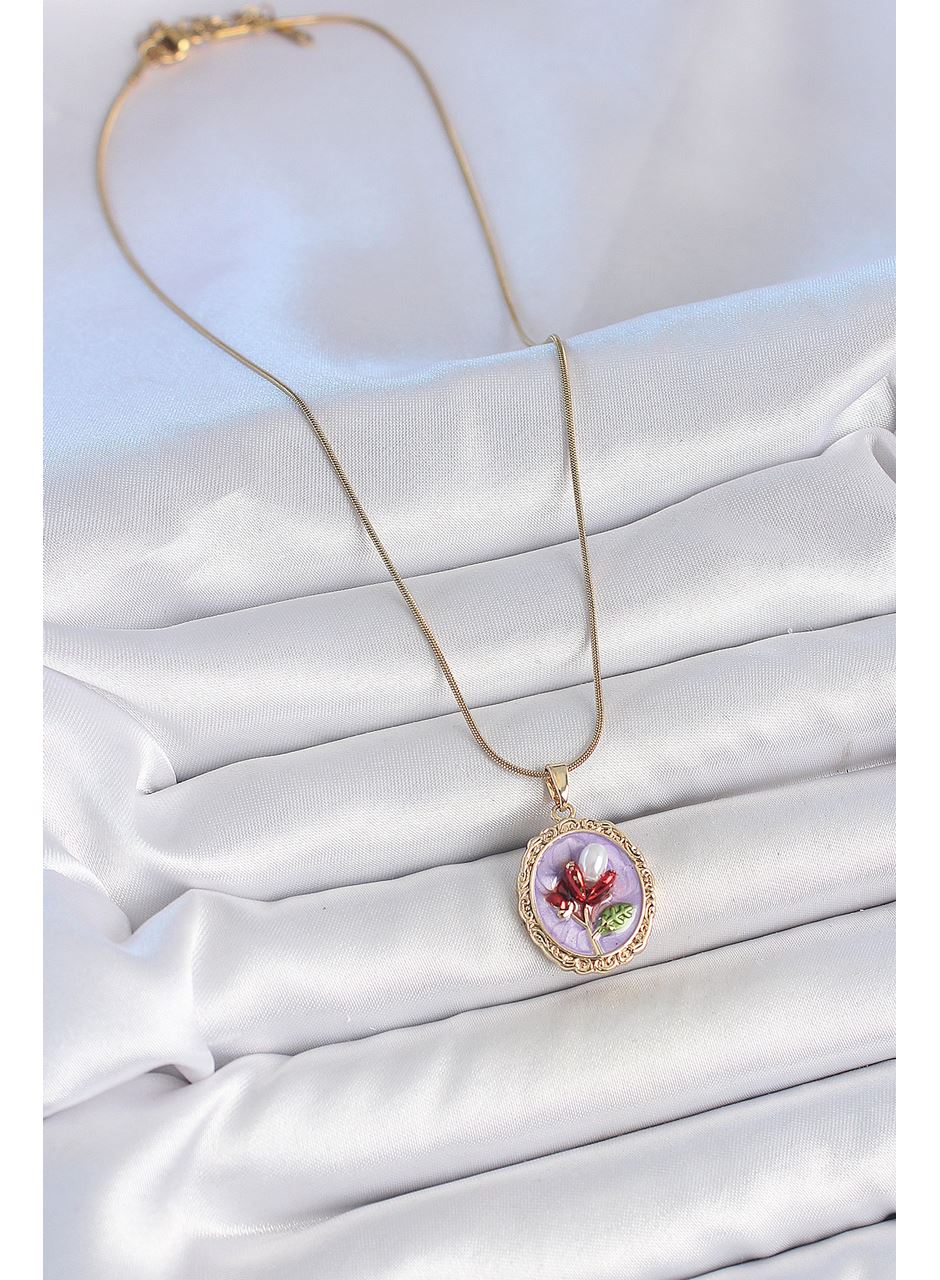 316L Çelik Gold Renk Zincir Mor Mineli İncili Çiçek İşlemeli Portre Model Kadın Kolye