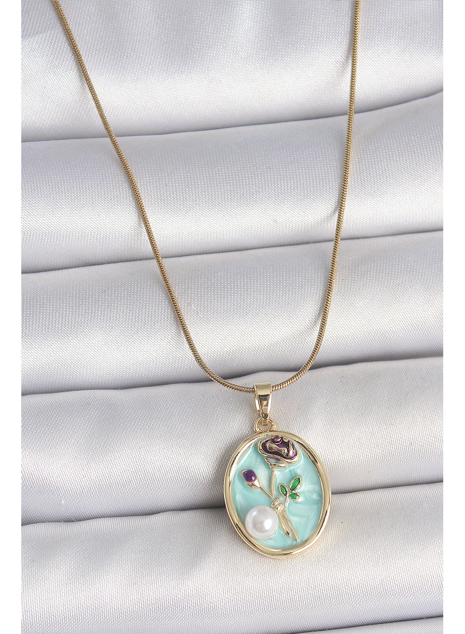 316L Çelik Gold Renk Zincir Mavi Çiçek İşlemeli İnci Detay Portre Model Kadın Kolye