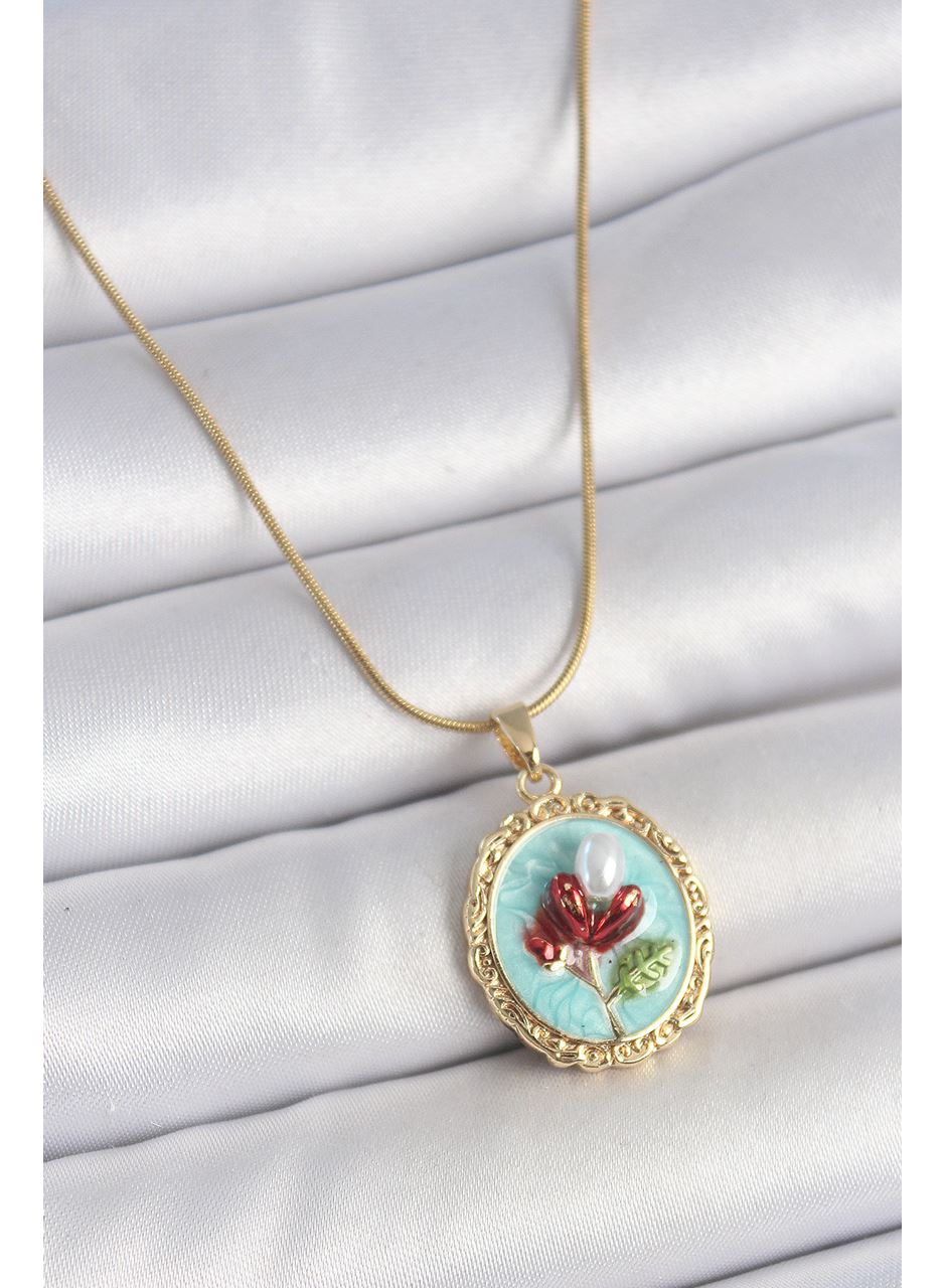 316L Çelik Gold Renk Zincir Turkuaz Mineli İncili Çiçek İşlemeli Portre Model Kadın Kolye