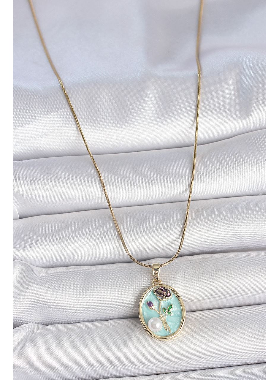 316L Çelik Gold Renk Zincir Mavi Çiçek İşlemeli İnci Detay Portre Model Kadın Kolye