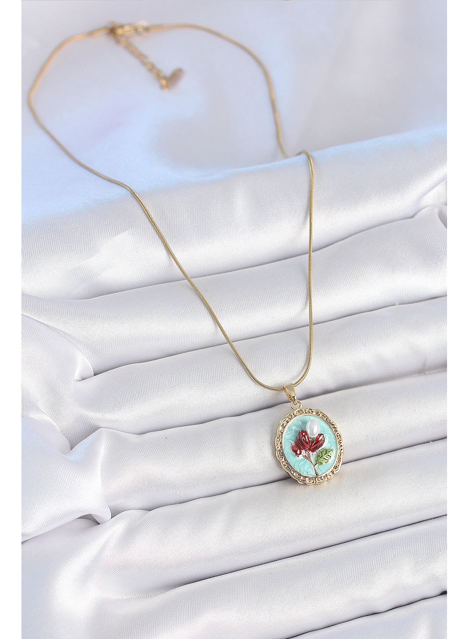 316L Çelik Gold Renk Zincir Turkuaz Mineli İncili Çiçek İşlemeli Portre Model Kadın Kolye