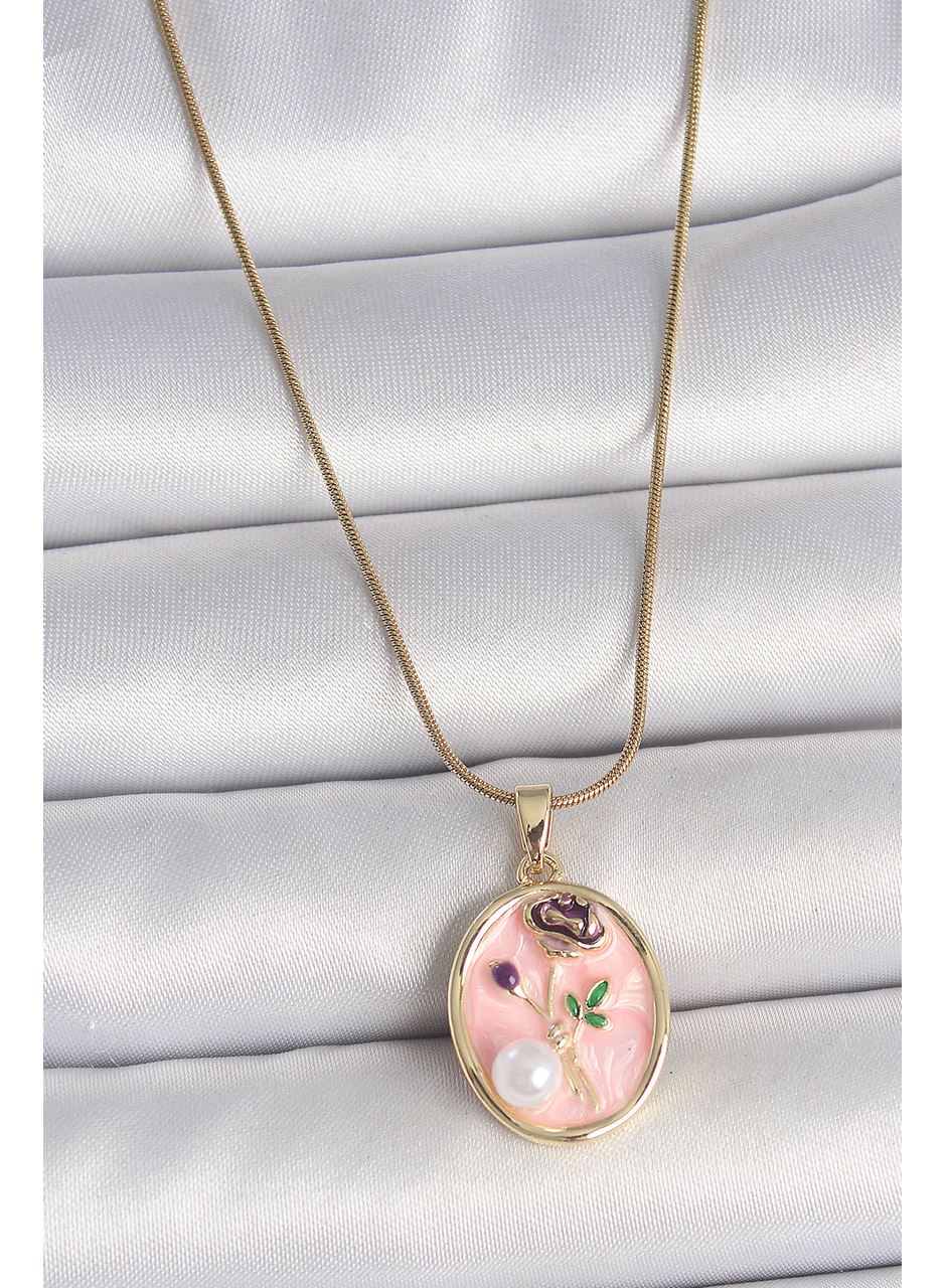 316L Çelik Gold Renk Zincir Pembe Çiçek İşlemeli İnci Detay Portre Model Kadın Kolye