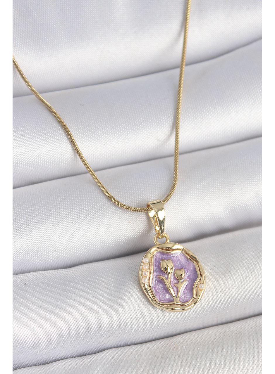 316L Çelik Gold Renk Zincir Mor Mineli Çiçek İşlemeli Portre Model Kadın Kolye