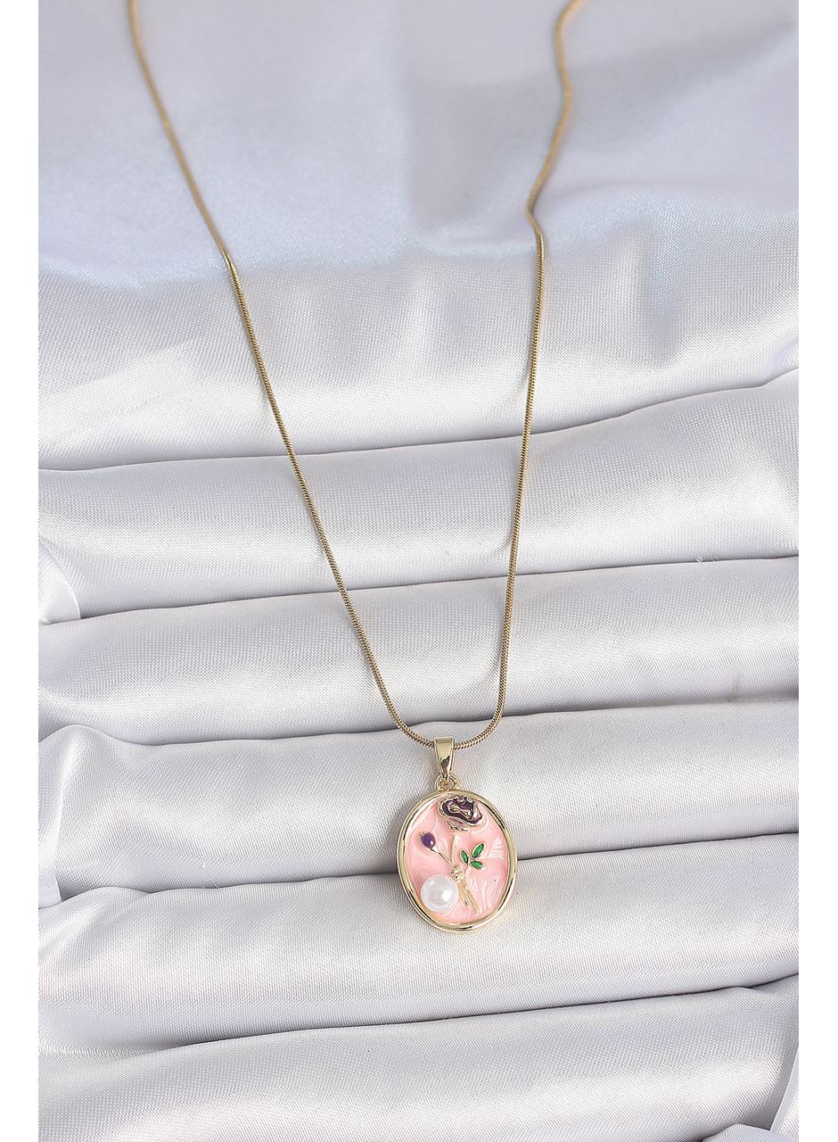 316L Çelik Gold Renk Zincir Pembe Çiçek İşlemeli İnci Detay Portre Model Kadın Kolye