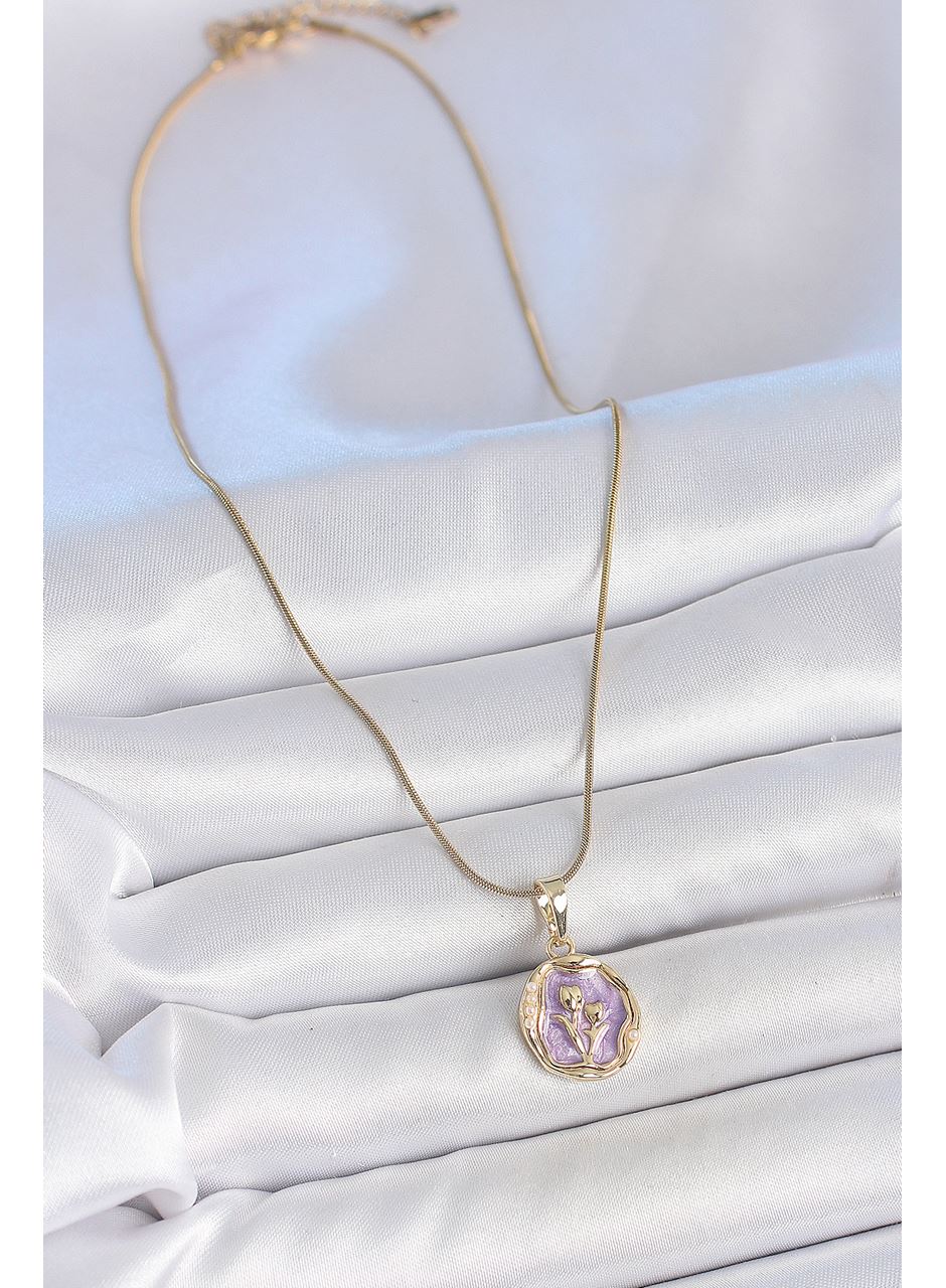 316L Çelik Gold Renk Zincir Mor Mineli Çiçek İşlemeli Portre Model Kadın Kolye