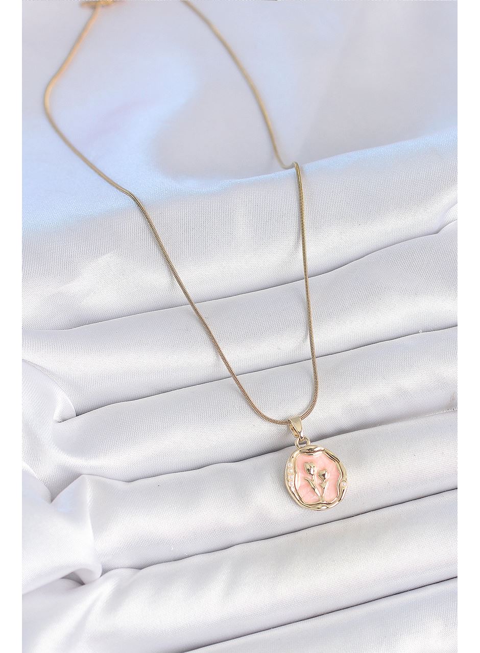 316L Çelik Gold Renk Zincir Pembe Mineli Çiçek İşlemeli Portre Model Kadın Kolye