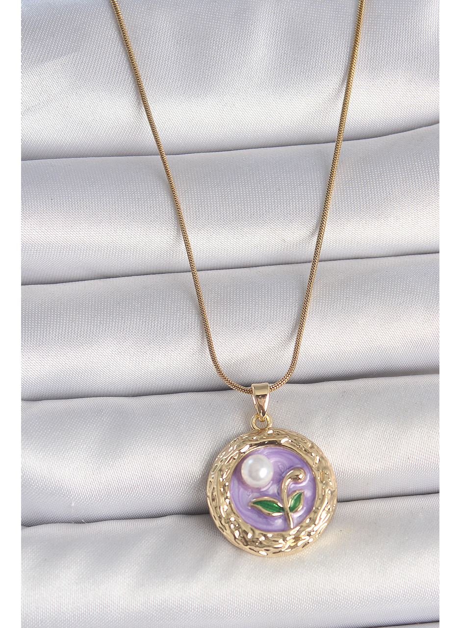316L Çelik Gold Renk Zincir Mor Çiçek İşlemeli İnci Detay Potre Model Kadın Kolye