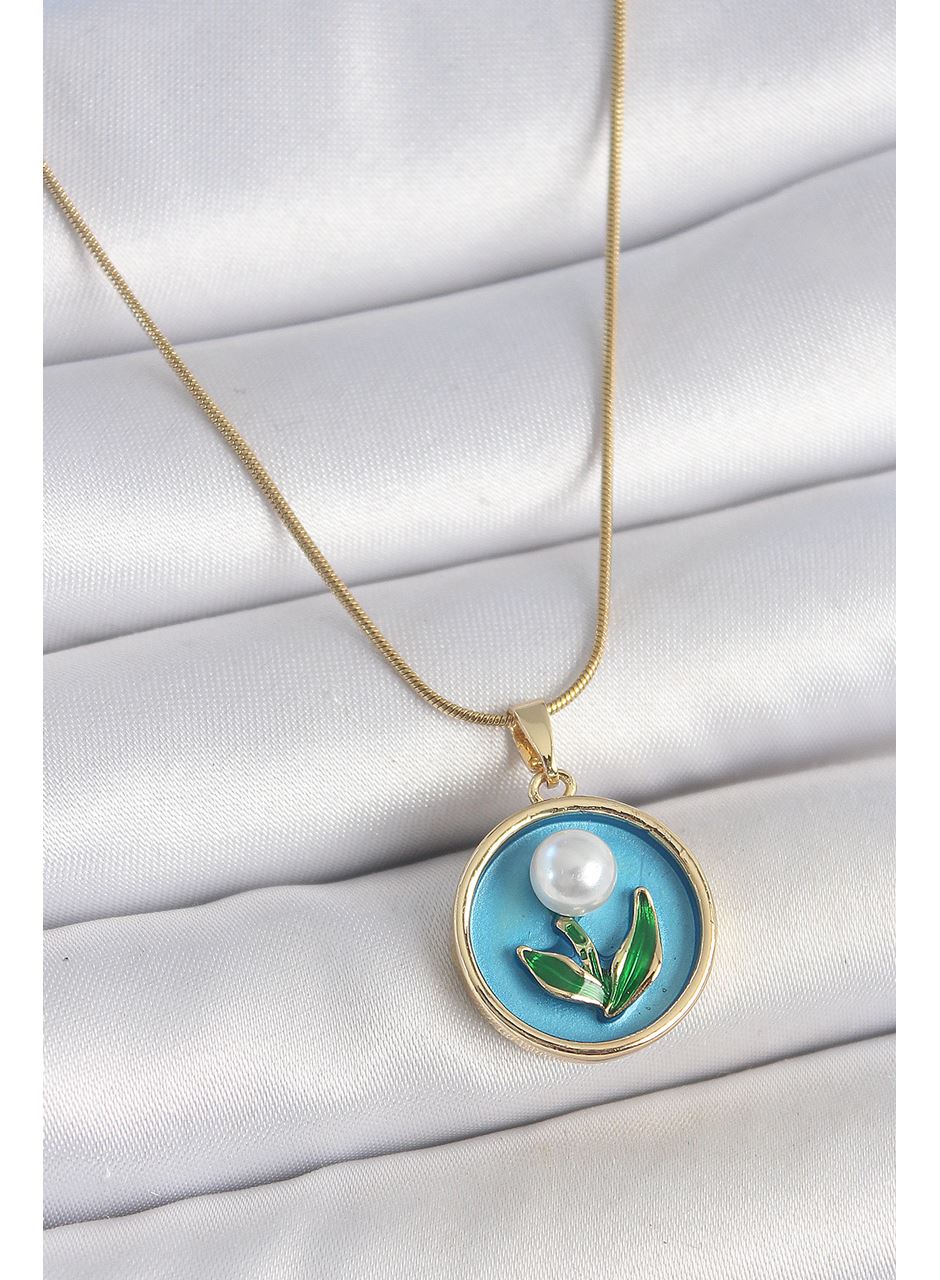 316L Çelik Gold Renk Zincir Mavi Mineli İncili Çiçek İşlemeli Portre Model Kadın Kolye