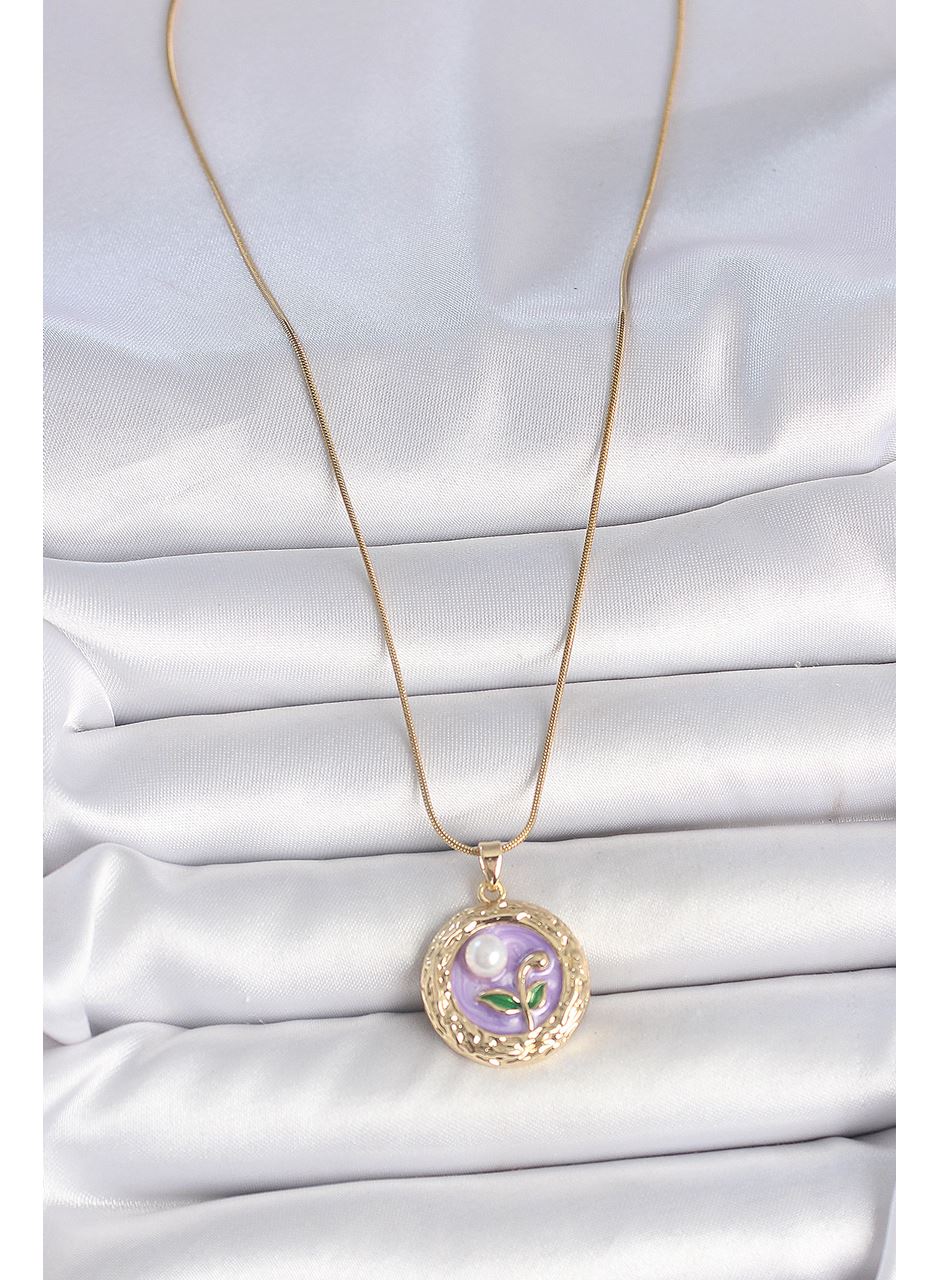 316L Çelik Gold Renk Zincir Mor Çiçek İşlemeli İnci Detay Potre Model Kadın Kolye