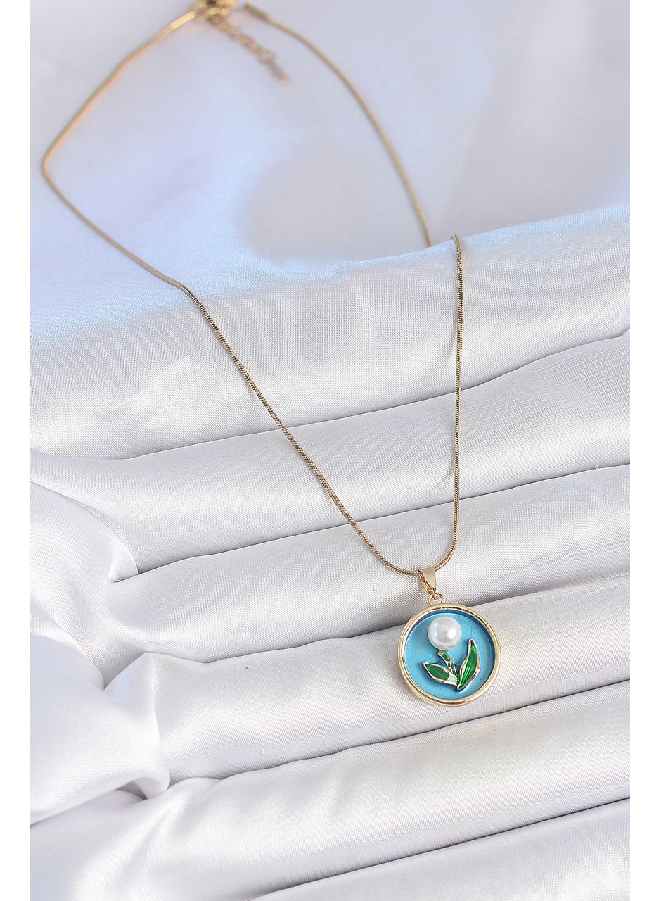 316L Çelik Gold Renk Zincir Mavi Mineli İncili Çiçek İşlemeli Portre Model Kadın Kolye